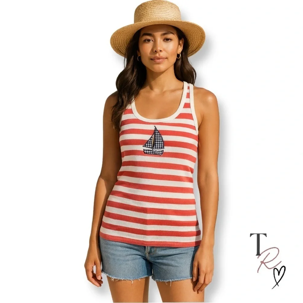 J. Crew Striped Favorite Tank Nautical Sailboat Coastal Summer Size Medium - Picture 1 of 8
